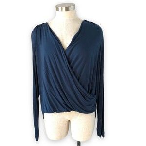 Betabrand Large Aphrodite Top Draped Knit Long Sleeve Wrap Front Blue